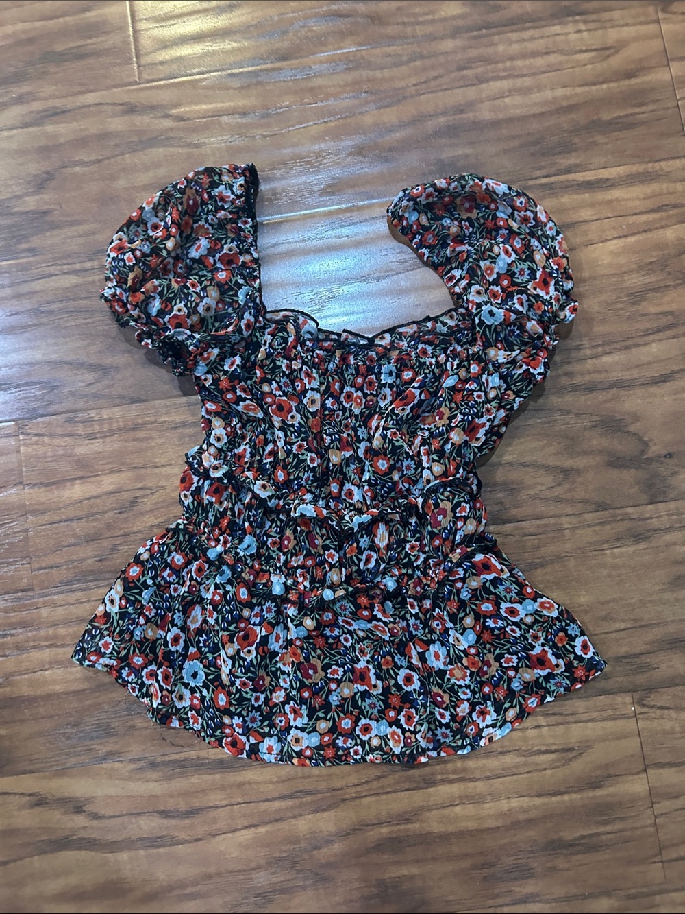 miami Black Floral Smocked Puff-Sleeve Blouse with Red and White Flowers